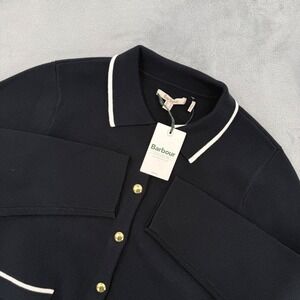 Barbour Colleen Knitted‎ Cardigan Dark Navy White Trim Gold Buttons Women 14